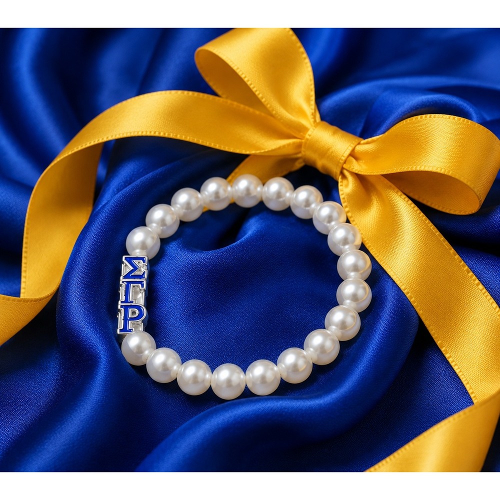 Sigma Gamma Rho SGRho Sorority Pearl Stretch Bracelet Blue Greek Letters Jewelry